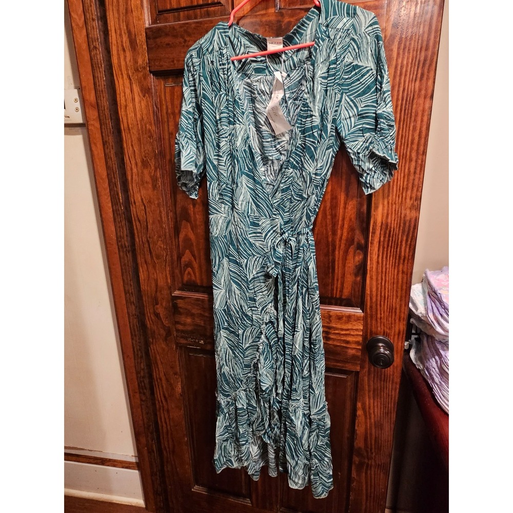 Silk & Salt Women Large Teal White Tropical Palm Leaf Ruffle Wrap Midi Dress